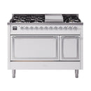 ILVE Nostalgie II Noblesse 48-Inch Freestanding Natural Gas Dual Fuel Range with Solid Door Oven in White with Chrome Trim (UN48FQNMPWHC)