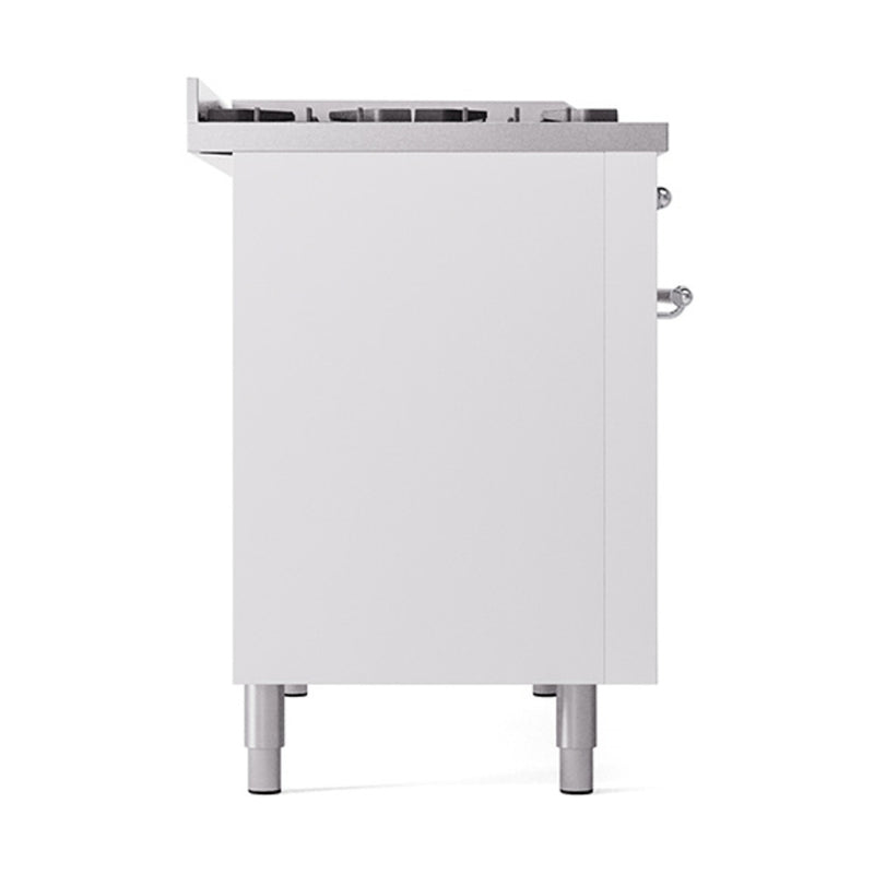 ILVE Nostalgie II Noblesse 48-Inch Dual Fuel Freestanding Range with Solid Door Oven in White with Chrome Trim (UN48FQNMPWHC)