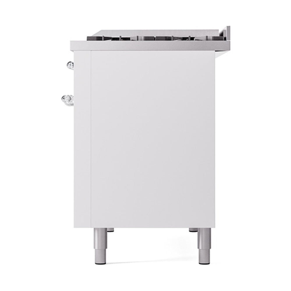White freestanding dual-fuel range rear/side panel with chrome feet and knobs