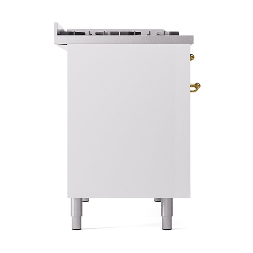 White freestanding range side panel with brass hinges and adjustable legs