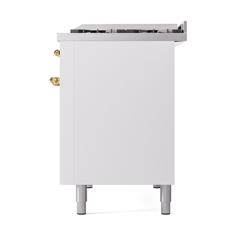 White freestanding range rear-side panel with brass hinges and adjustable legs