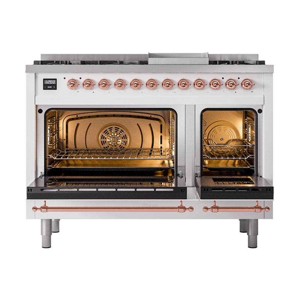 White dual fuel range with both solid oven doors open, showing interior racks