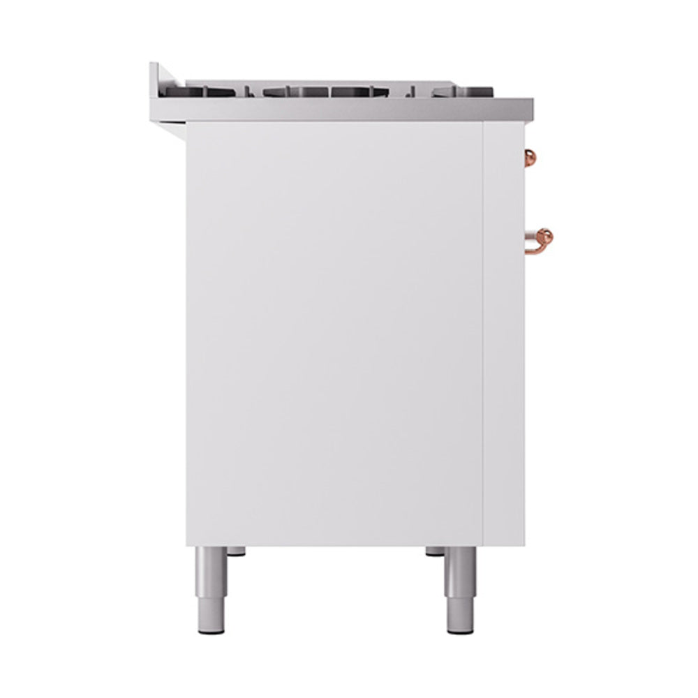 Freestanding oven with solid white door and copper handle, gray legs