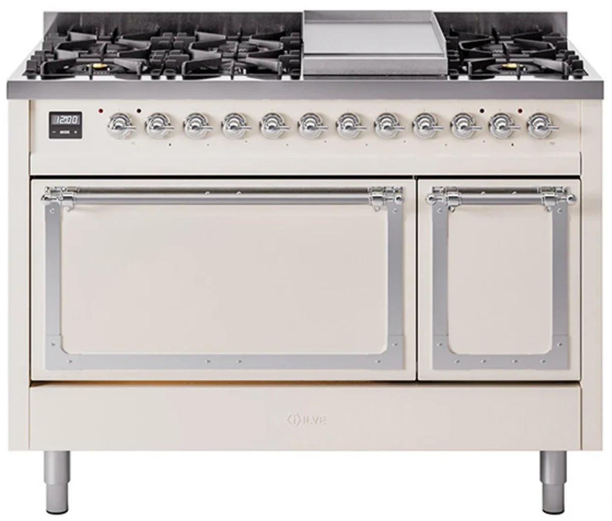 Antique white freestanding dual-fuel range with control knobs and double oven doors