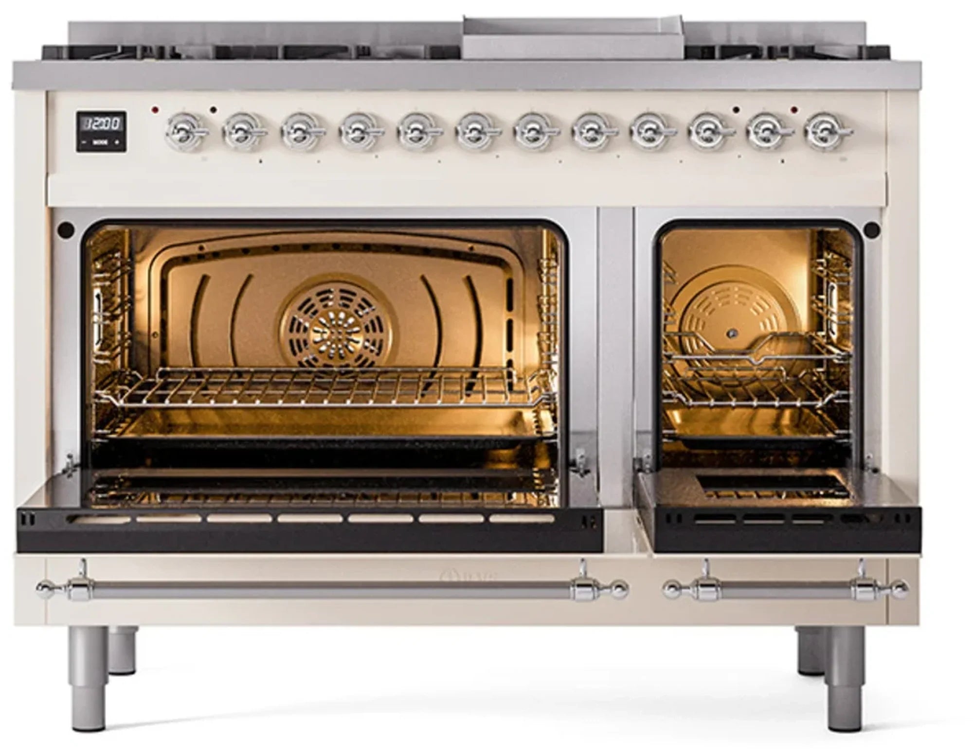 48-inch freestanding dual fuel range with two open oven doors showing interior racks
