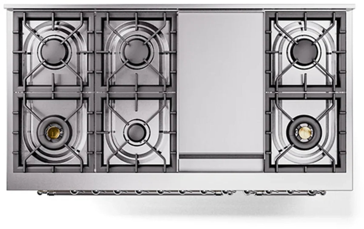 Antique white freestanding dual-fuel range cooktop with chrome burner grates