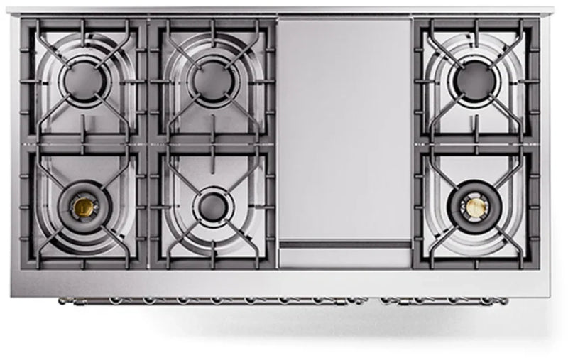 ILVE Nostalgie II Noblesse 48-Inch Dual Fuel Freestanding Range with Solid Door Oven in Antique White with Chrome Trim (UN48FQNMPAWC)