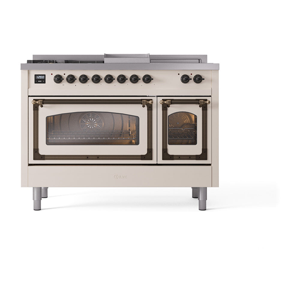 Antique white dual fuel range showing burners and dual oven doors with glass windows