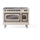 ILVE Nostalgie II Noblesse 48-Inch Natural Gas Dual Fuel Range with 5 Burners, Griddle, & French Top with Triple Glass Door Oven in Antique White with Bronze Trim (UN48FSNMPAWB)