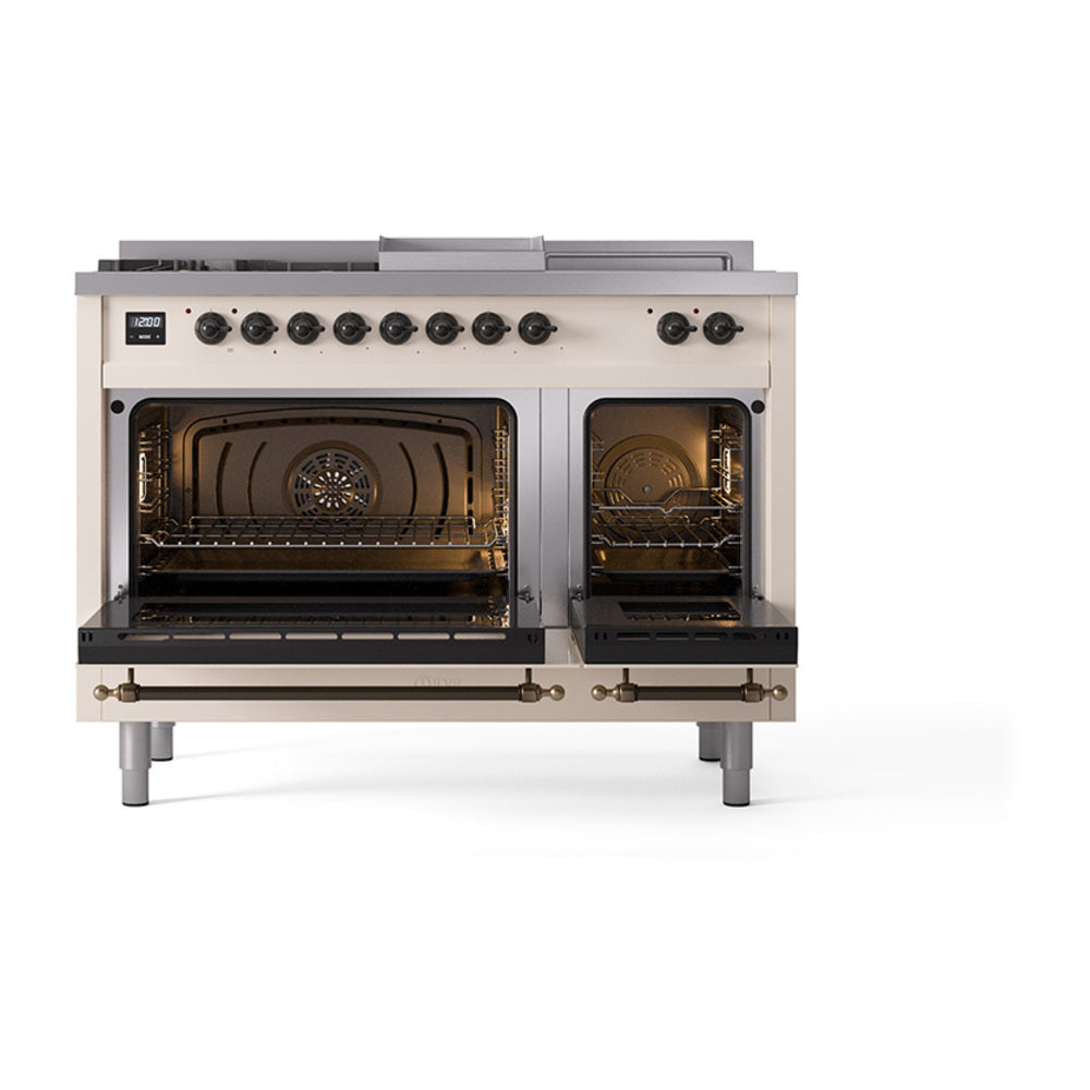 Antique white dual-fuel range with both oven doors open and interior burners visible