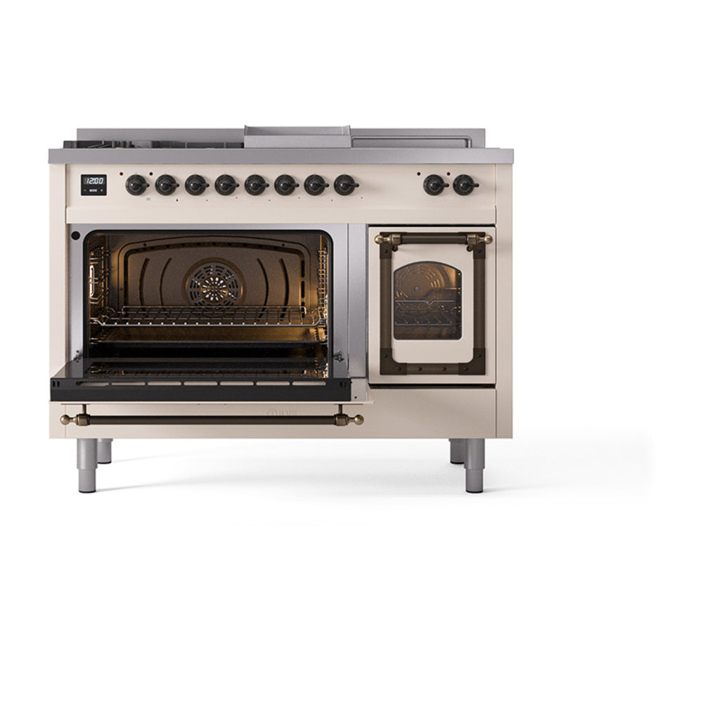Antique white dual-fuel range with left oven open and right oven glass door closed