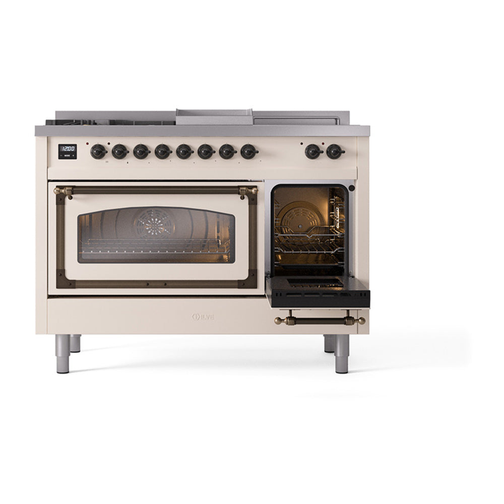 Antique white dual fuel range with one oven door open, glass window and lit interior