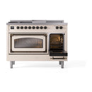 ILVE Nostalgie II Noblesse 48-Inch Natural Gas Dual Fuel Range with 5 Burners, Griddle, & French Top with Triple Glass Door Oven in Antique White with Bronze Trim (UN48FSNMPAWB)
