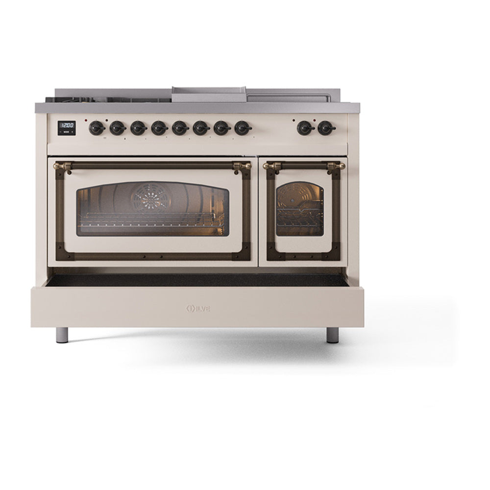 Antique white range with both oven doors closed, burner knobs on the front panel
