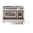 ILVE Nostalgie II Noblesse 48-Inch Natural Gas Dual Fuel Range with 5 Burners, Griddle, & French Top with Triple Glass Door Oven in Antique White with Bronze Trim (UN48FSNMPAWB)