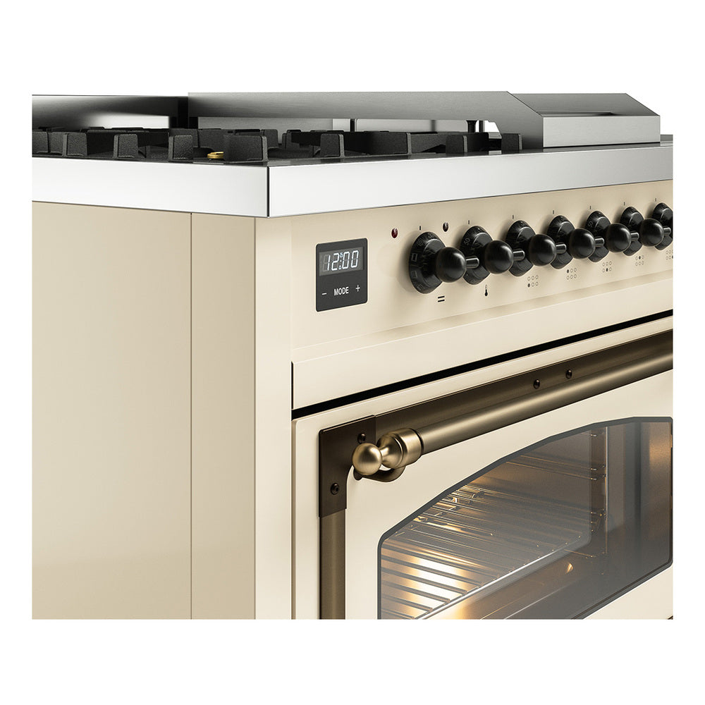 Antique white range control panel with digital display and bronze-finish oven handle