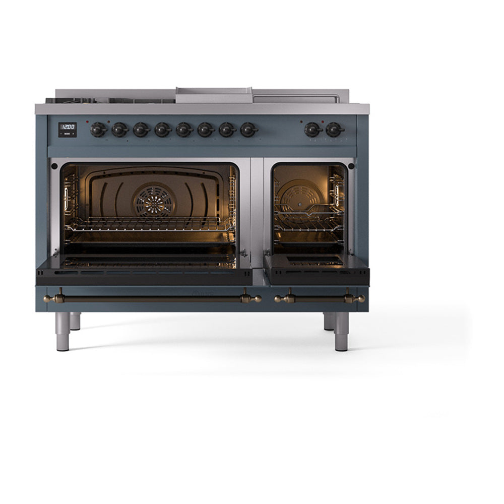 Blue grey dual fuel range with both ovens open, showing lit cavity interiors