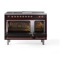 ILVE Nostalgie II Noblesse 48-Inch Natural Gas Dual Fuel Range with 5 Burners, Griddle, & French Top with Triple Glass Door Oven in Burgundy with Copper Trim (UN48FSNMPBUP)