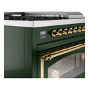 ILVE Nostalgie II Noblesse 48-Inch Propane Gas Dual Fuel Range with 5 Burners, Griddle, & French Top with Triple Glass Door Oven in Emerald Green with Brass Trim (UN48FSNMPEGGLP)