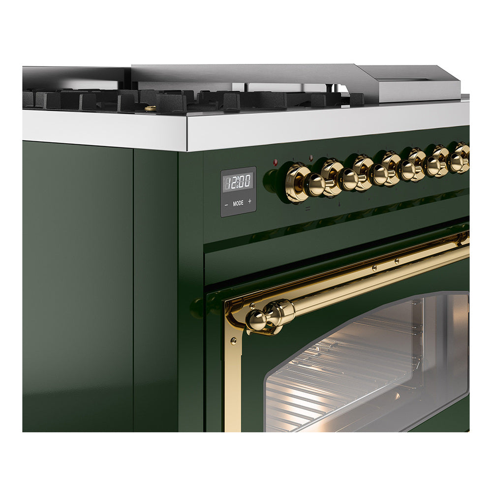 Emerald green range front with brass control knobs, digital display, and oven door edge