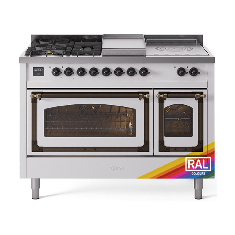 Nostalgie II dual fuel range in white with front view of open ovens and control knobs.