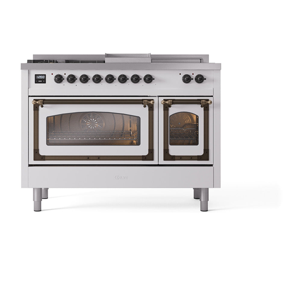 Nostalgie II dual fuel range, front view with two closed ovens and row of burner knobs.