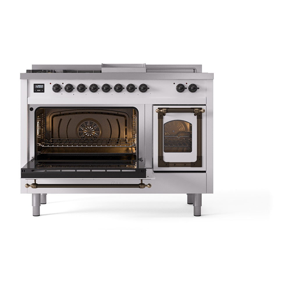 Nostalgie II dual fuel range, left oven open and right oven door closed on white body.