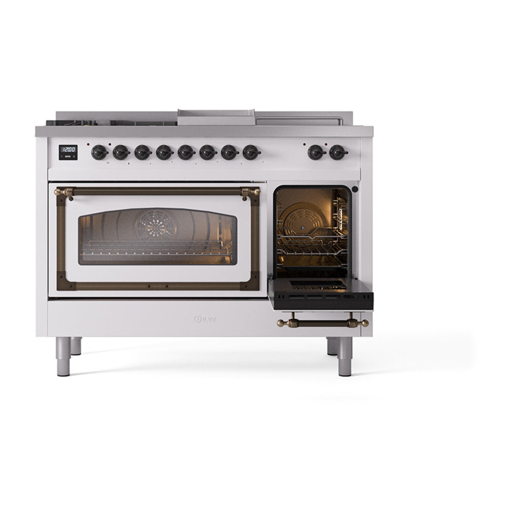 Dual fuel range with left large oven door open and right smaller door open, white finish.