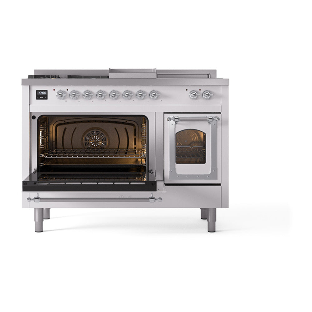 White dual fuel range with open left oven door and closed right oven door