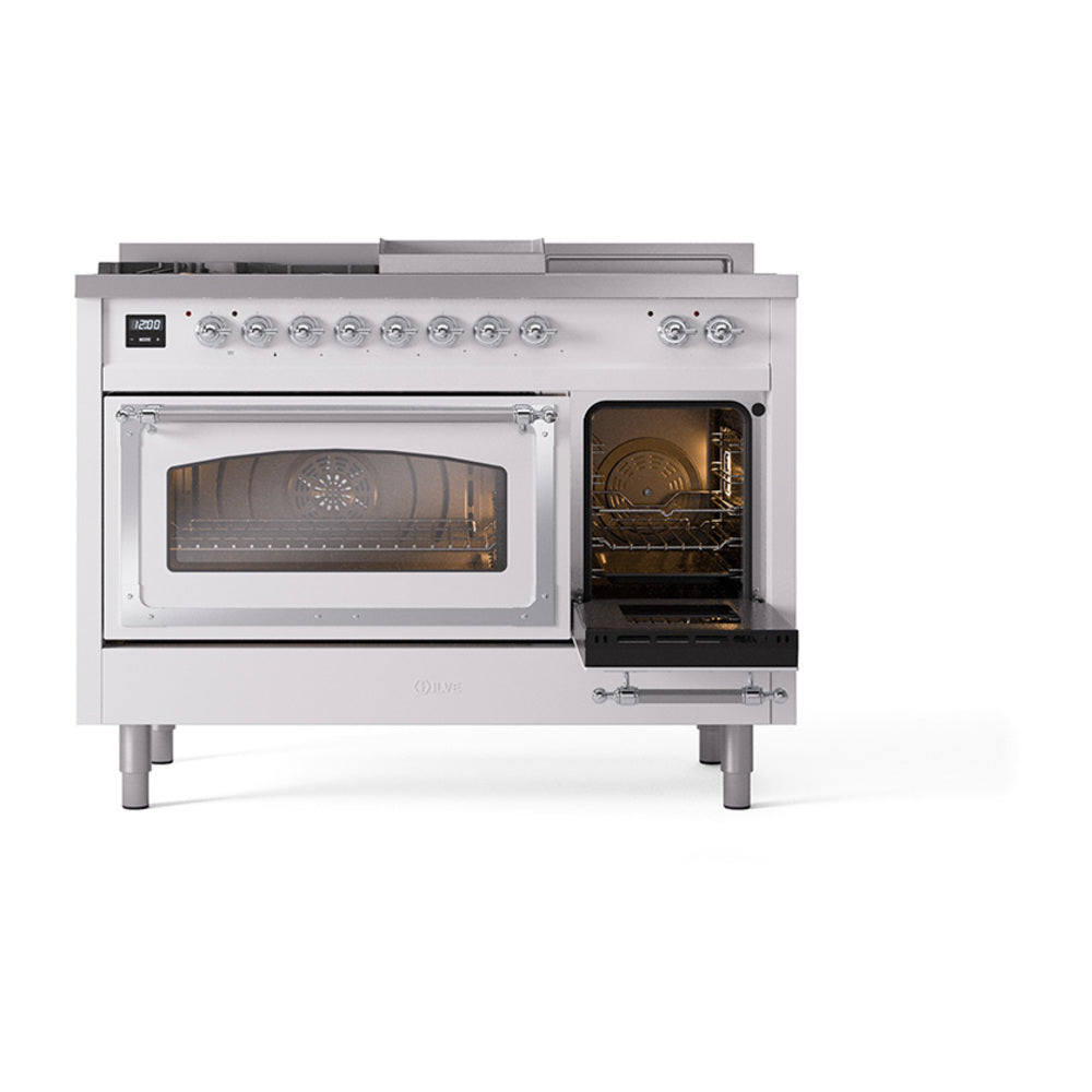 White dual fuel range with left oven door open and front glass viewing window