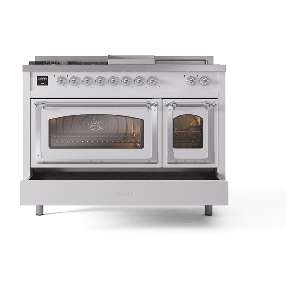 Dual fuel range front with two oven windows, control knobs, and stainless-style side panels
