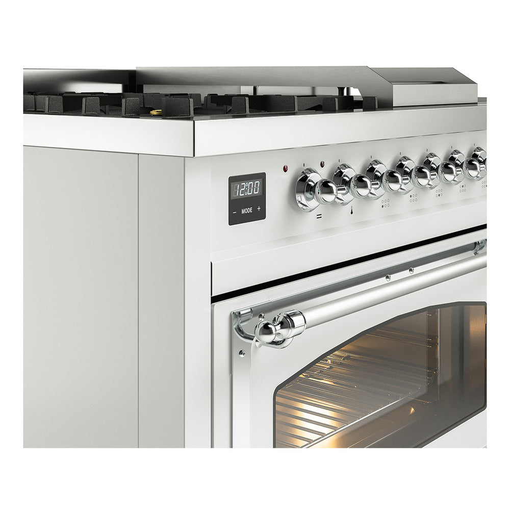 Dual fuel range side view with chrome oven handle, illuminated oven interior, and control panel