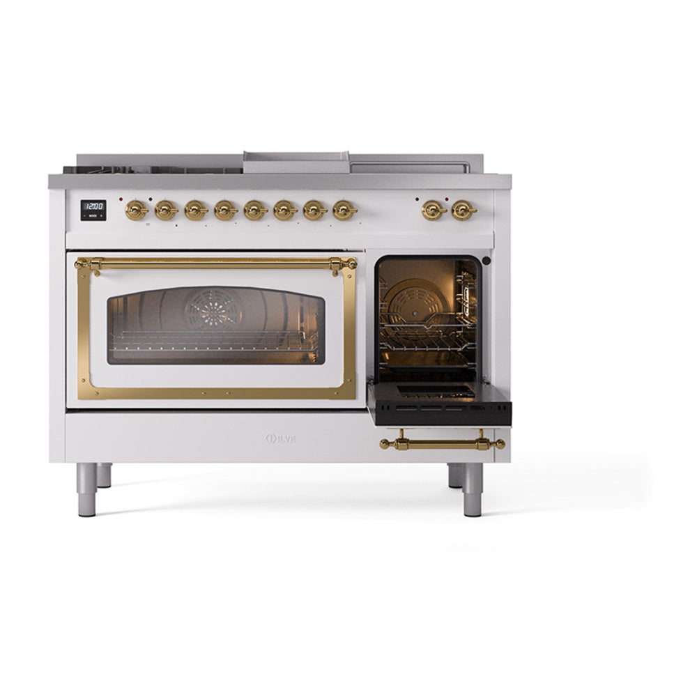 ILVE Nostalgie II dual-fuel range front with large oven glass window and right side door, brass accents