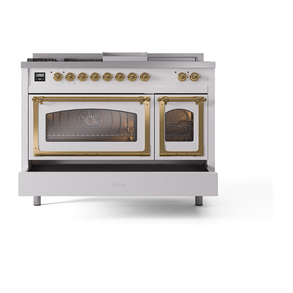 White dual fuel range with brass-trim oven doors and knobs, front view