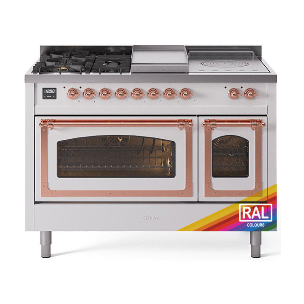 Dual-fuel cooking range with copper-trimmed knobs, griddle top, and two glass oven doors