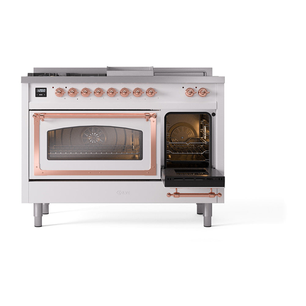 Nostalgie range with left oven open and right oven door closed, copper trim, white body