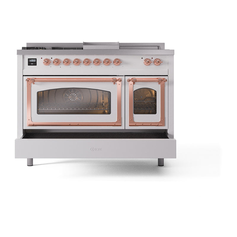 ILVE 48-Inch Nostalgie II Noblesse Dual Fuel Range with 5 Sealed Burners, Griddle, French Top and Triple Glass Door Oven in Custom RAL with Copper Trim (UN48FSNMPRAP)