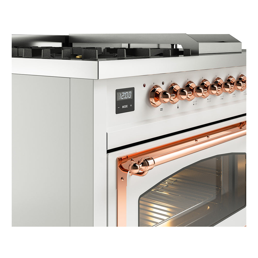 Range control panel with copper knobs and oven door opening, white front, Nostalgie style
