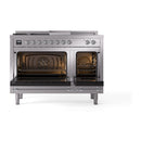 ILVE 48-Inch Nostalgie II Noblesse Natural Gas Dual Fuel Range with 5 Sealed Burners, Griddle, French Top and Triple Glass Door Oven in Stainless Steel with Chrome Trim (UN48FSNMPSSC)