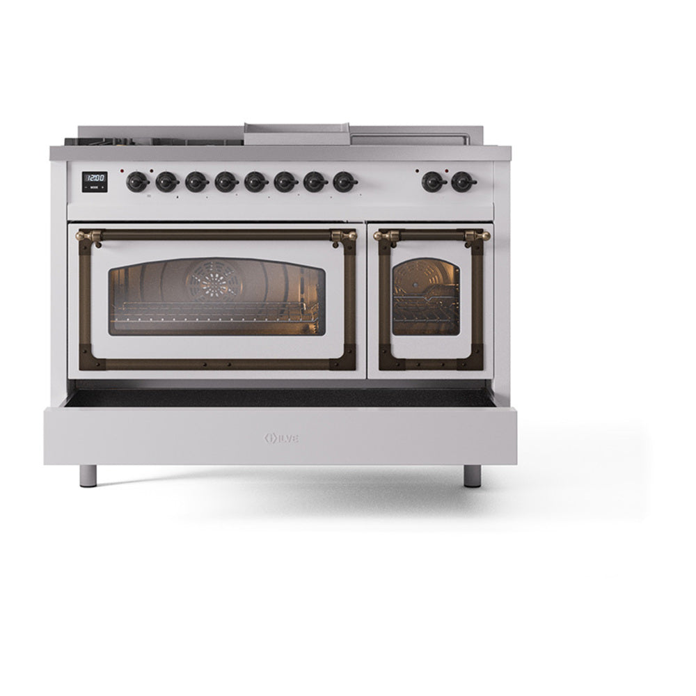 White dual-fuel range front view with both oven doors and bronze-trim handles closed