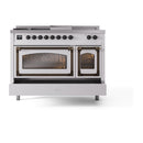ILVE 48-Inch Nostalgie II Noblesse Propane Gas Dual Fuel Range with 5 Sealed Burners, Griddle, French Top and Triple Glass Door Oven in White with Bronze Trim (UN48FSNMPWHBLP)