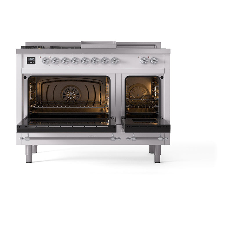 ILVE 48-Inch Nostalgie II Noblesse Dual Fuel Rangewith 5 Sealed Burners, Griddle, French Top and Triple Glass Door Oven in White with Chrome Trim (UN48FSNMPWHC)