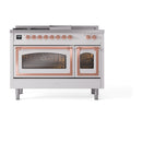 ILVE 48-Inch Nostalgie II Noblesse Natural Gas Dual Fuel Range with 5 Sealed Burners, Griddle, French Top and Triple Glass Door Oven in White with Copper Trim (UN48FSNMPWHP)