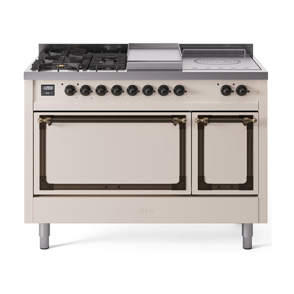 Antique white dual fuel range with sealed burners, griddle, and bronze-trim control panel