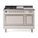 ILVE 48-Inch Nostalgie II Noblesse Propane Gas Dual Fuel Range with 5 Sealed Burners, Griddle, French Top and Solid Door Oven in Antique White with Chrome Trim (UN48FSQNMPAWCLP)