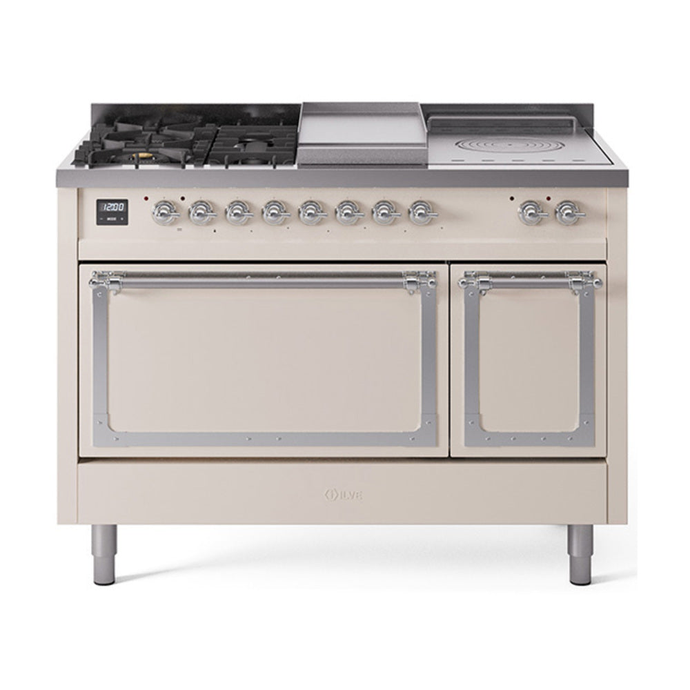 Antique white gas dual fuel range with chrome trim, griddle, and five sealed burners