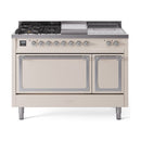 ILVE 48-Inch Nostalgie II Noblesse Natural Gas Dual Fuel Range with 5 Sealed Burners, Griddle, French Top and Solid Door Oven in Antique White with Chrome Trim (UN48FSQNMPAWC)