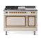ILVE 48-Inch Nostalgie II Noblesse Natural Gas Dual Fuel Range with 5 Sealed Burners, Griddle, French Top and Solid Door Oven in Antique White with Brass Trim (UN48FSQNMPAWG)