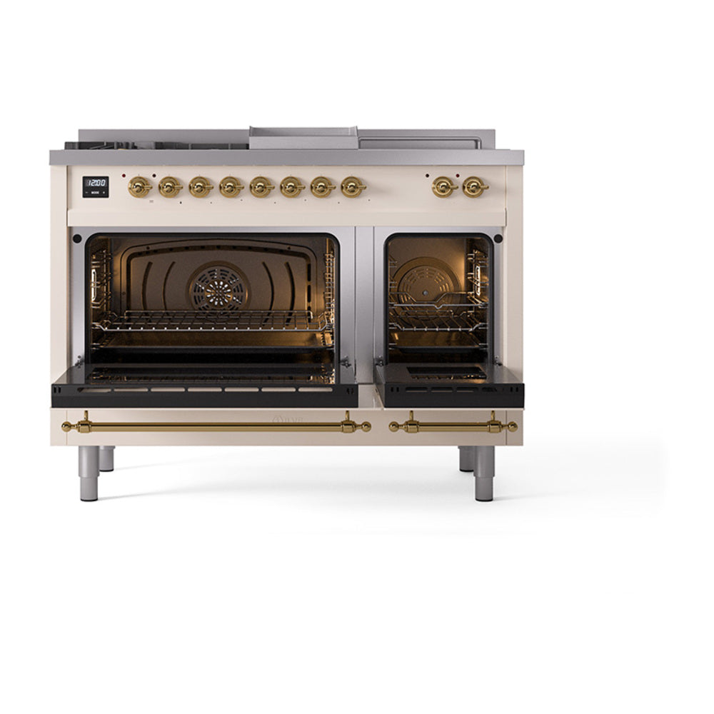 Antique white range with two open oven doors showing racks and interior burner areas