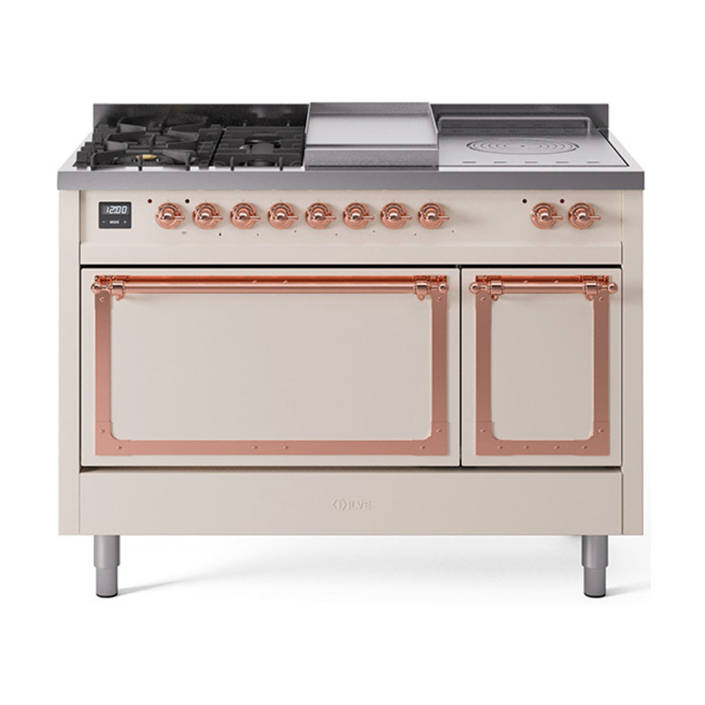 Antique white dual fuel range with gas burners, griddle, and two oven doors